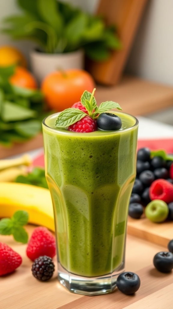 A refreshing green smoothie with spinach, banana, and berries in a glass, garnished with mint.